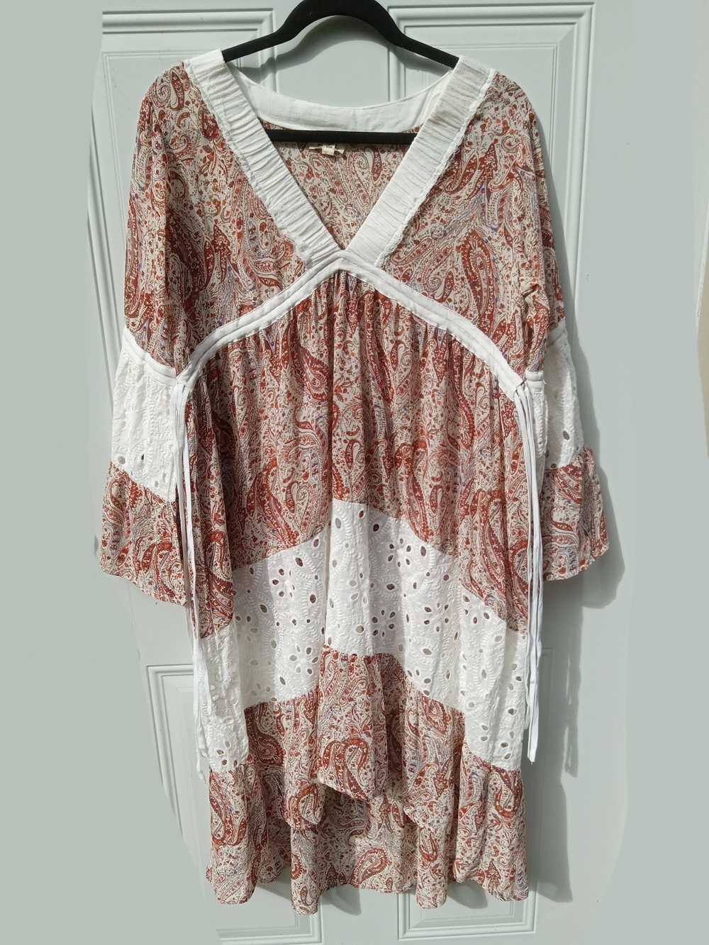 POL Boho White & Rust Paisley Eyelet Midi Dress Cover Up Size S/M
